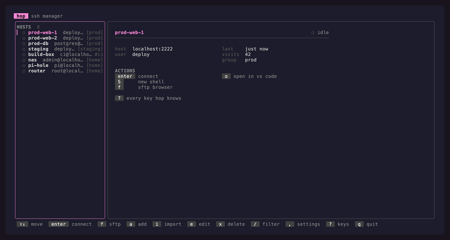 The hop host list with a details card for the host under the cursor