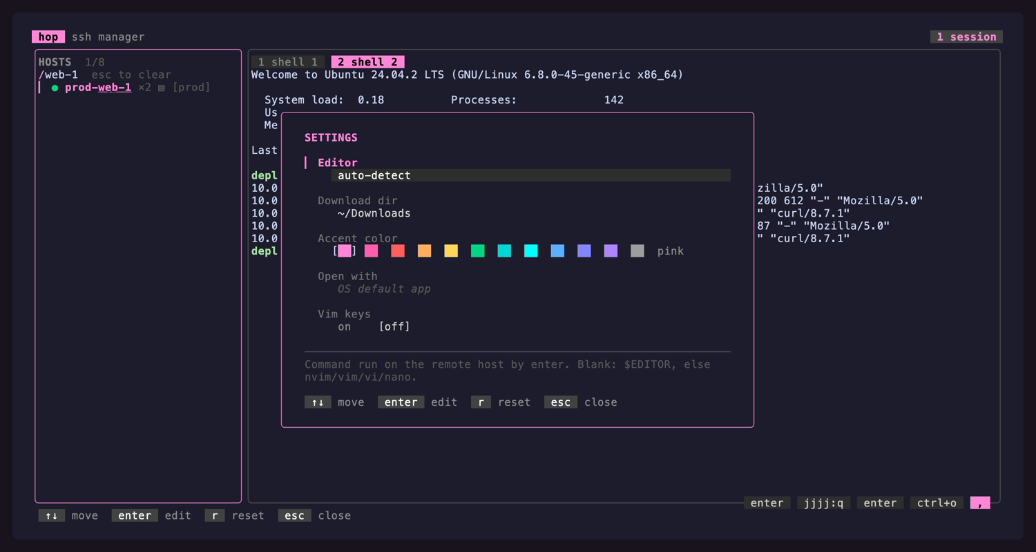The hop settings popover with the accent colour swatch strip